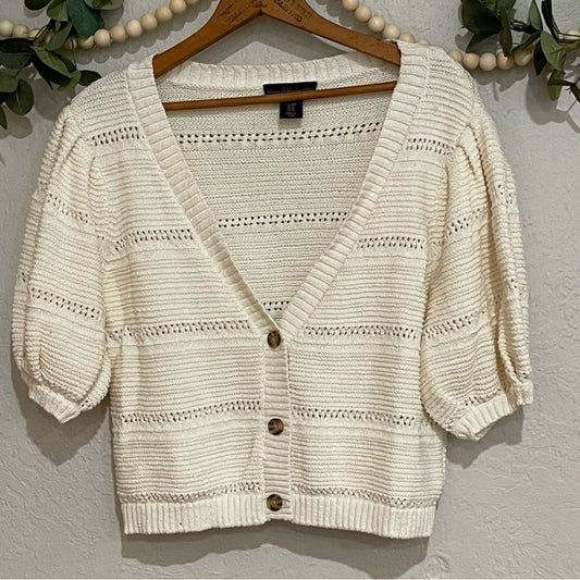 HOUSE OF HARLOW 1960 Puff Short Sleeve Open knit V-Neck Cropped Cardigan M