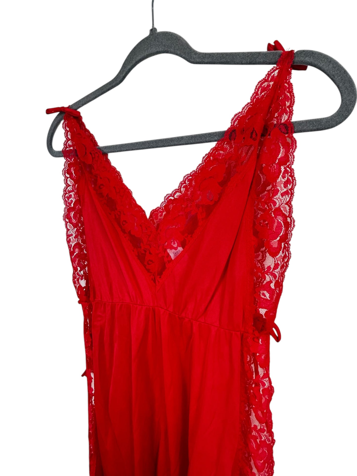 Vtg 70s 80s Red Lace Lounge Dress Nightgown Size medium Nylon