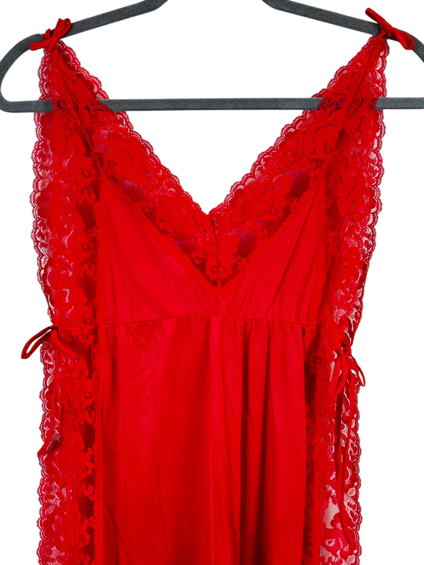 Vtg 70s 80s Red Lace Lounge Dress Nightgown Size medium Nylon