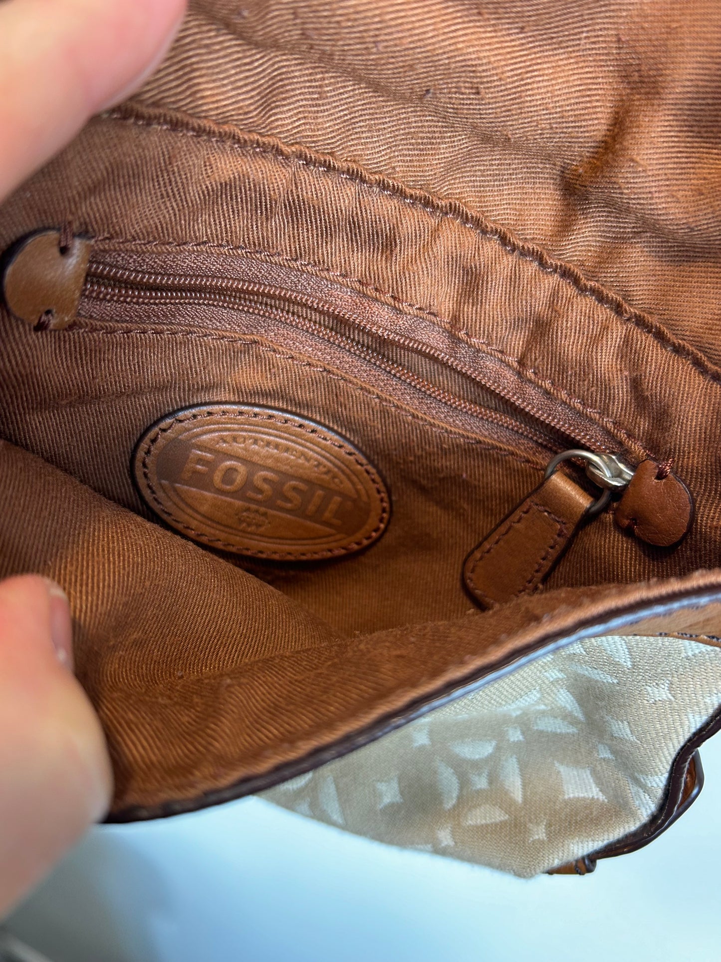 Fossil Canvas Tan Leather Trim Key-per Small Crossbody Shoulder Purse