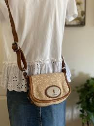 Fossil Canvas Tan Leather Trim Key-per Small Crossbody Shoulder Purse