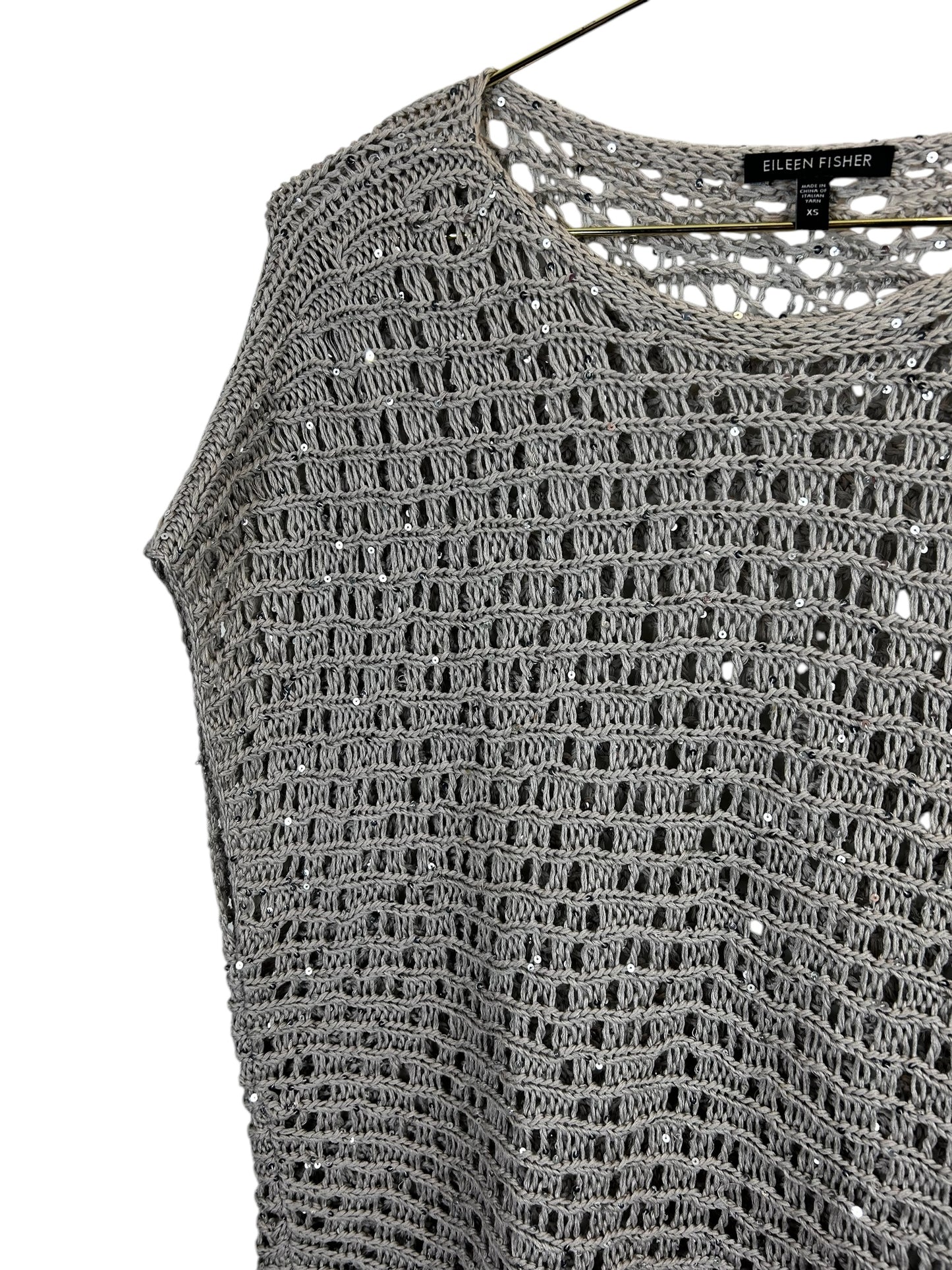 Eileen Fisher Sequin Chainmail Mesh Antique Silver Cap Slv Box Sweater Top