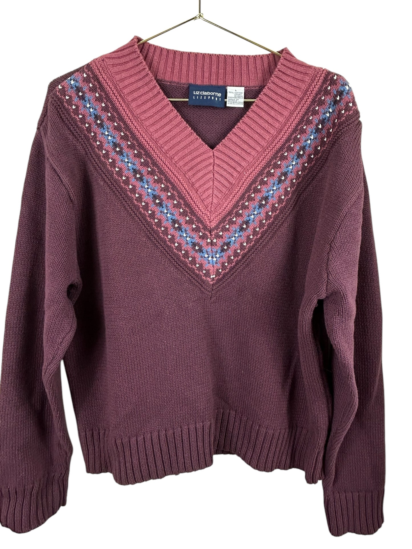 Liz Claiborne Liz Sport Vintage Women’sCotton V neck Fair Aisle Sweater