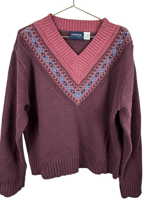 Liz Claiborne Liz Sport Vintage Women’sCotton V neck Fair Aisle Sweater