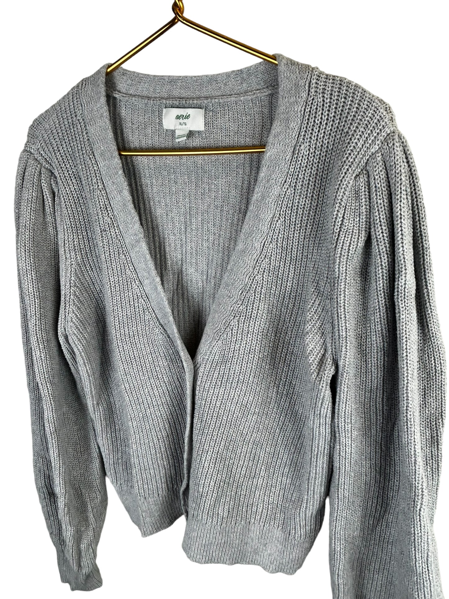 AERIE Women’s Puff Sleeve Knit Gray Cardigan Button Cropped Sweater