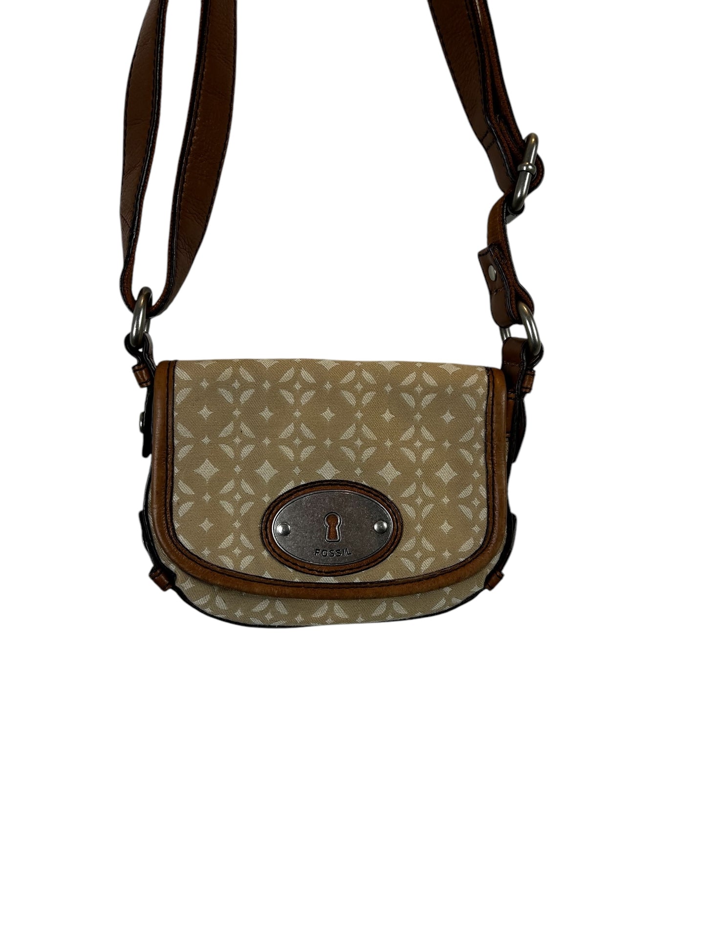 Fossil Canvas Tan Leather Trim Key-per Small Crossbody Shoulder Purse
