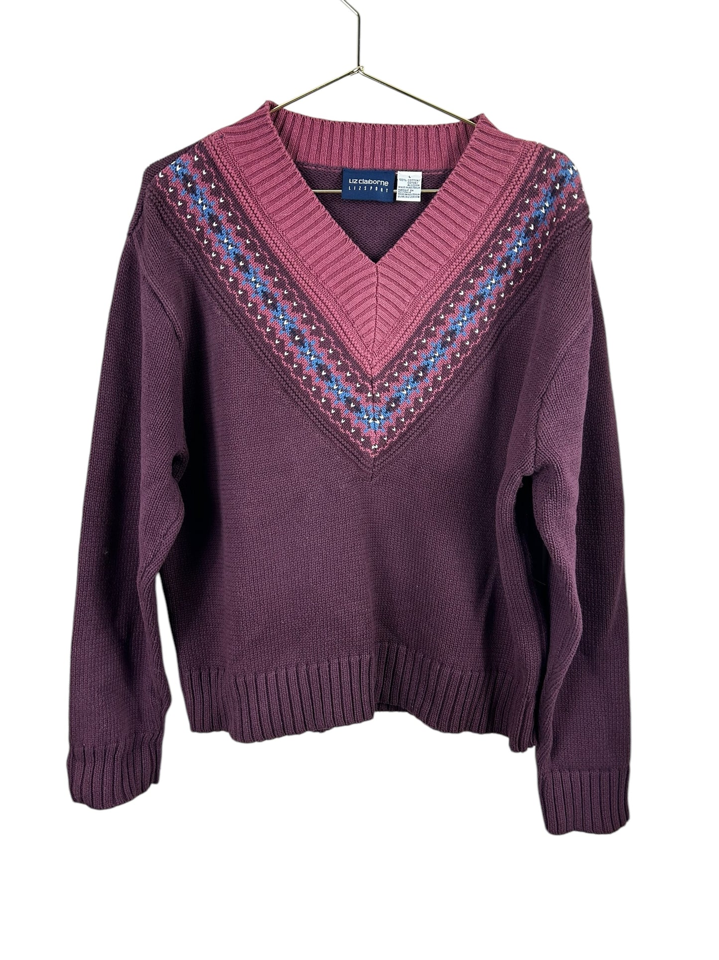Liz Claiborne Liz Sport Vintage Women’sCotton V neck Fair Aisle Sweater