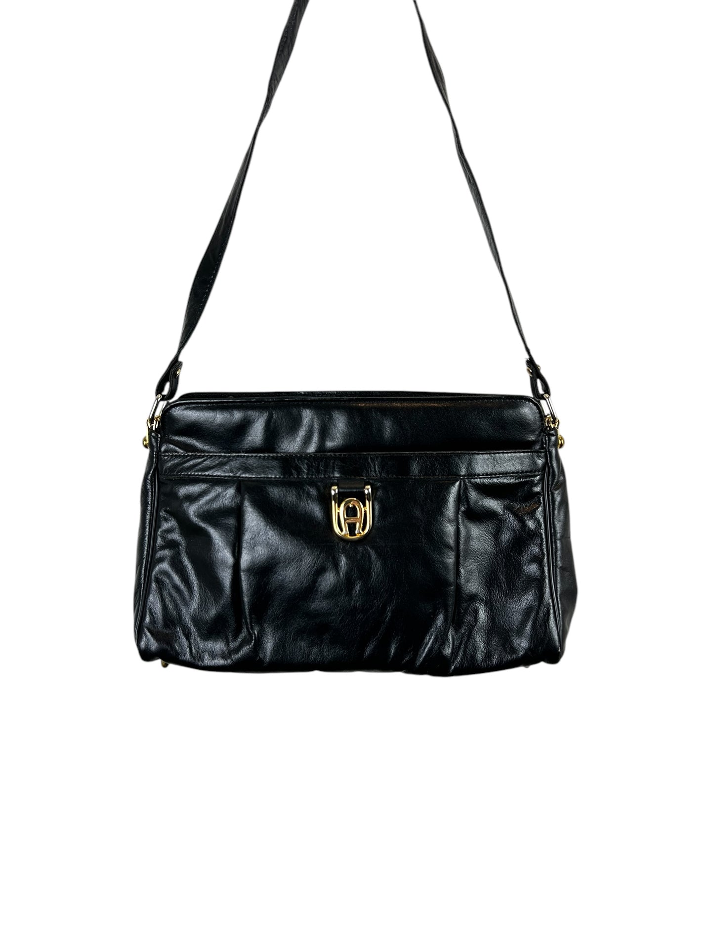 ETIENNE AIGNER Logo Black Full Grain Leather Shoulder Bag w/Goldtone Metal Hardware & Feet