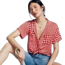 Anthropologie Maeve Red/White Houndstooth Preppy Button Down Shirt, M