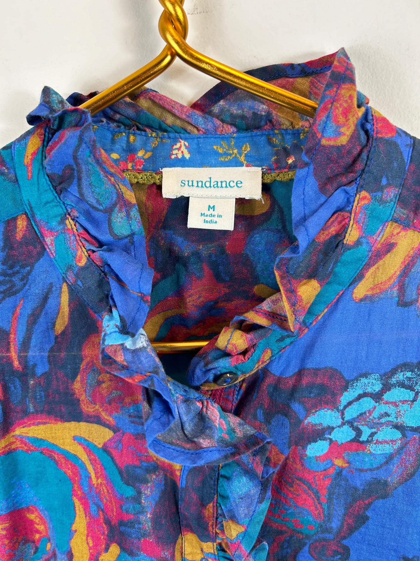 Sundance Abstract Floral Ruffle Trim Button Up Shirt Womens Size M Western Boho