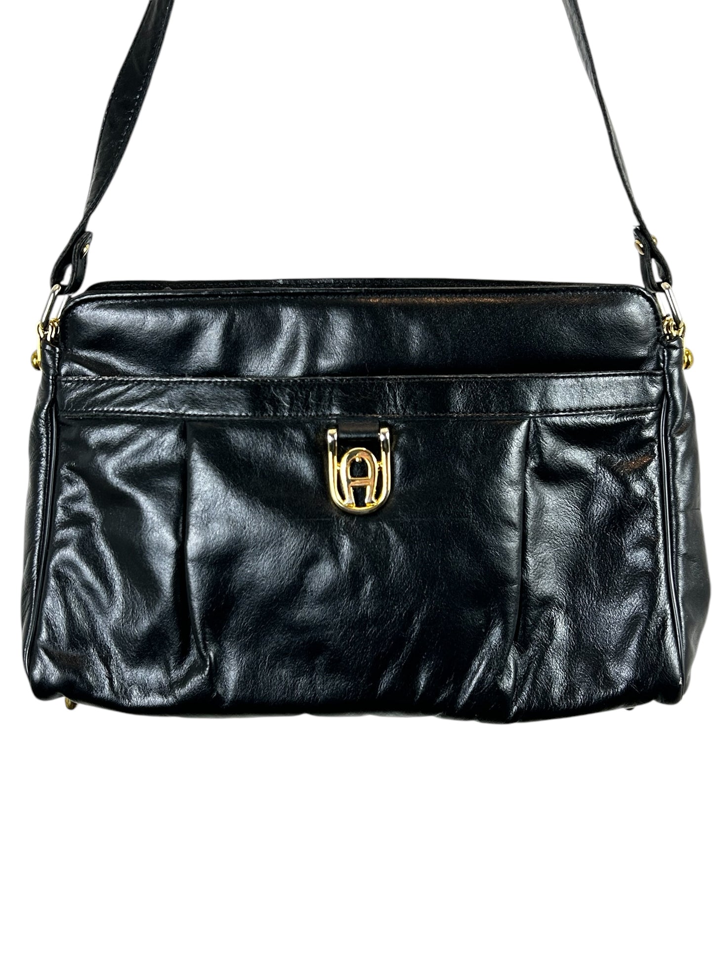 ETIENNE AIGNER Logo Black Full Grain Leather Shoulder Bag w/Goldtone Metal Hardware & Feet