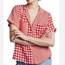 Anthropologie Maeve Red/White Houndstooth Preppy Button Down Shirt, M