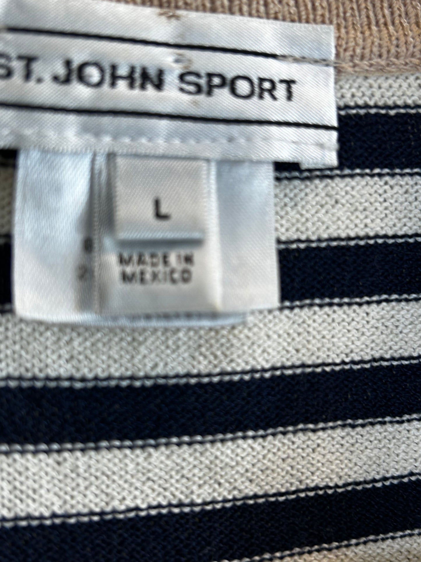 St. John Sport VTGE 90s striped knit polo navy white beige short sleeve top LG