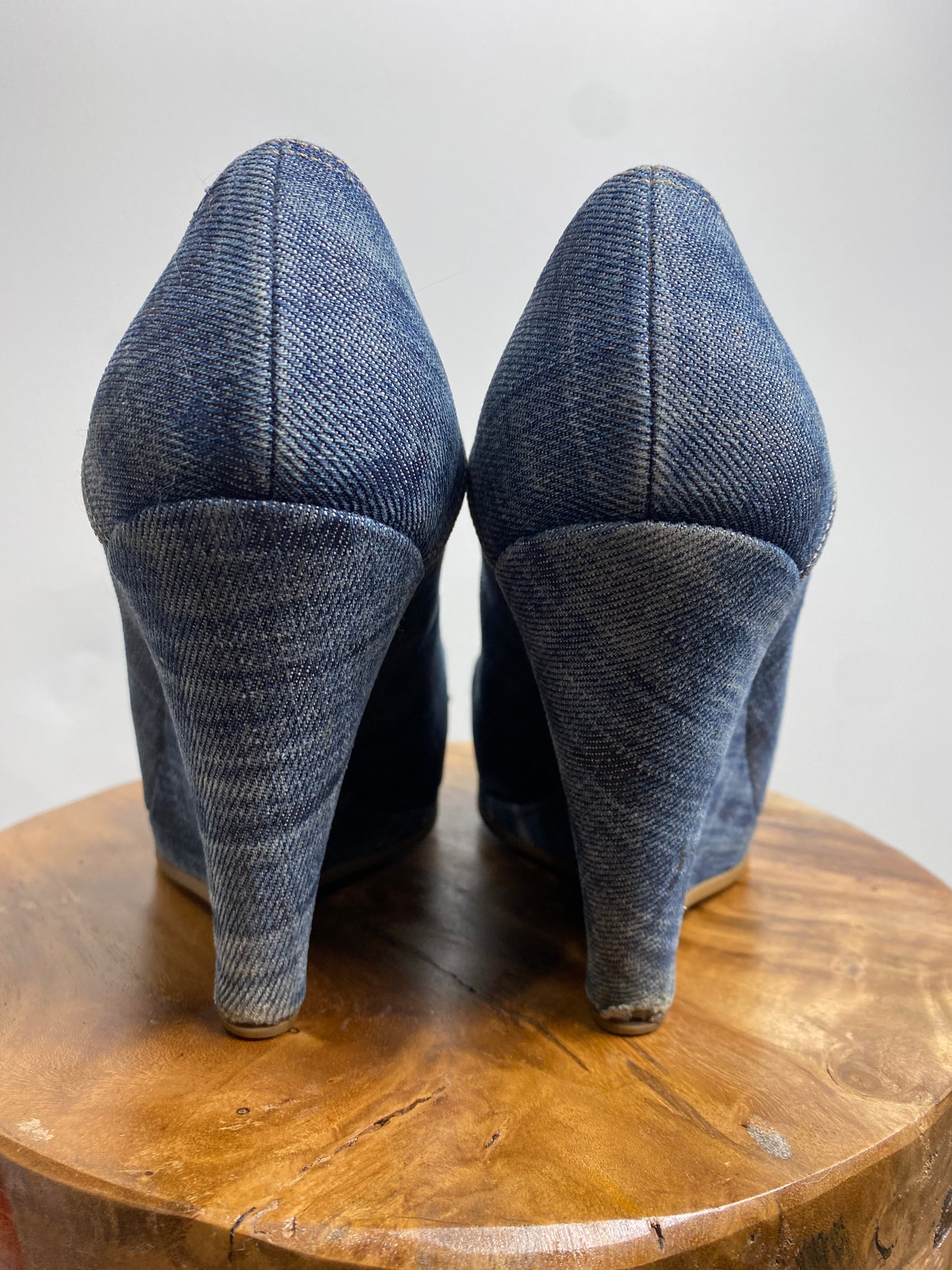 Miu Miu Blue Denim Peep Toe Wedge Shoes