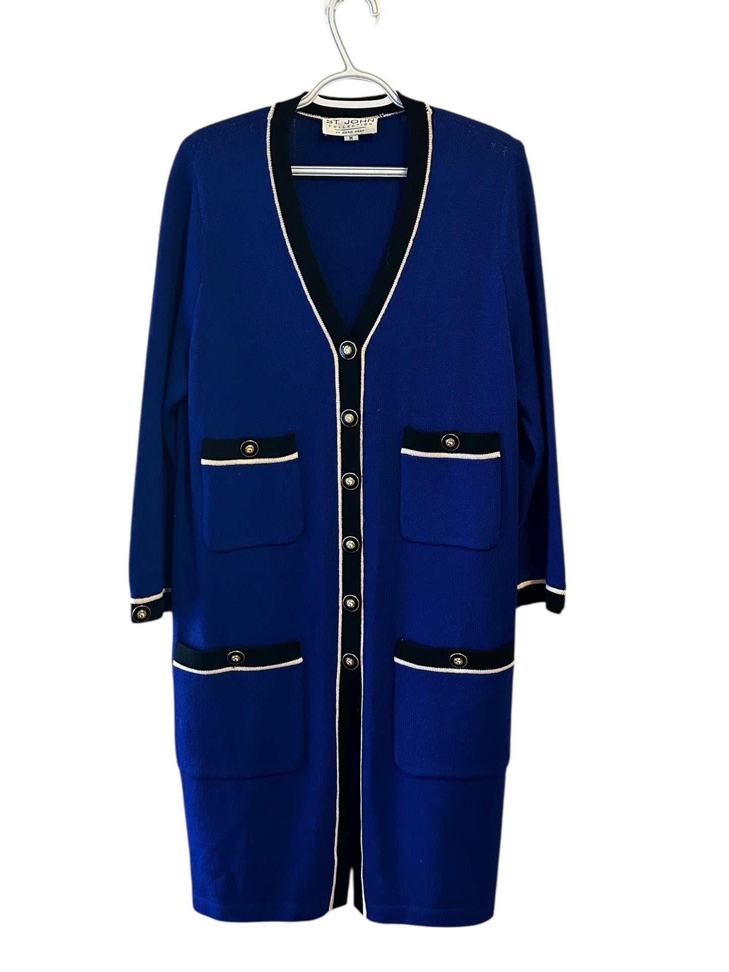 St John Collection Royal Blue Long Jacket medium Duster Coat Cream Trim Pockets