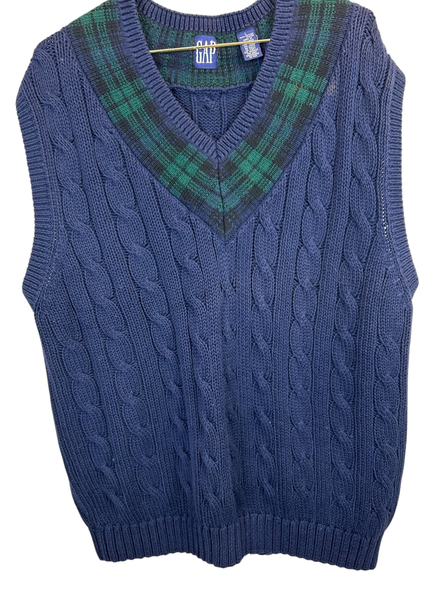 Vintage 1990's Men's Large Gap Cotton Navy Cable Tennis Cricket Sweater Vest with Plaid Insert