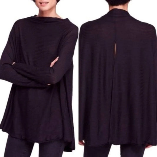 Free People We The Free Lover Rib Split Black Cut Out Back Long Sleeve Top Medium | Color: Black