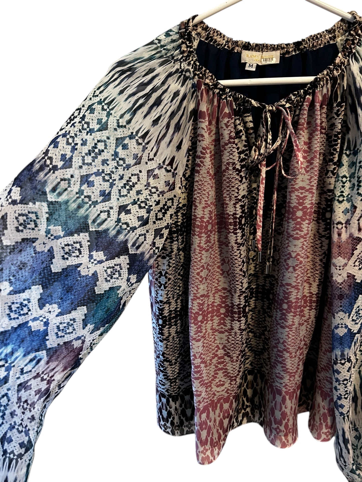 Ramy Brook Kayden mixed-print silk blouse with a drawstring tie neckline