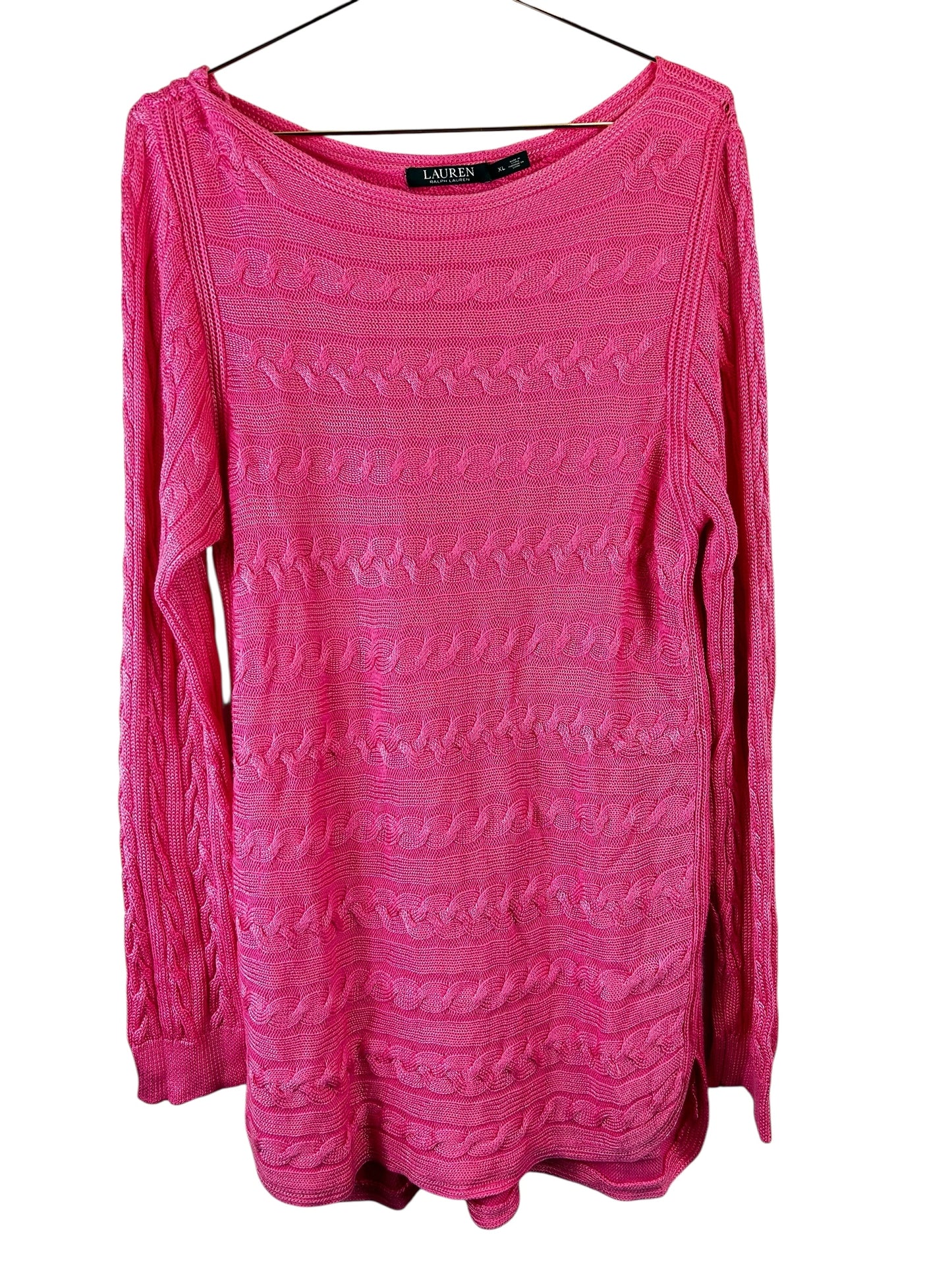 Lauren Ralph Lauren Womens Cable Knit 3/4 Sleeves Pullover Sweater Pink XL