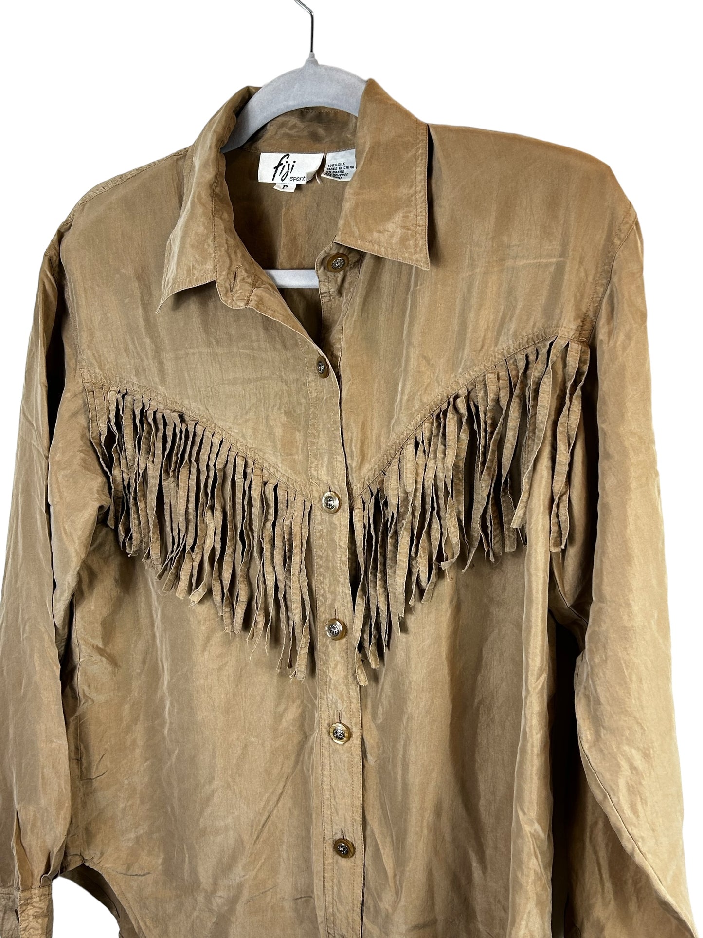 FIJI SPORT 100% Silk Fringe Womens Button Up Tan Shirt Size P