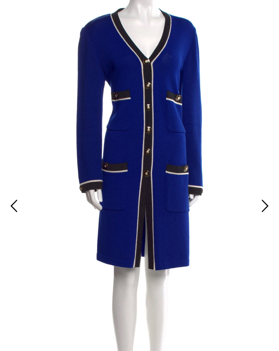 St John Collection Royal Blue Long Jacket medium Duster Coat Cream Trim Pockets