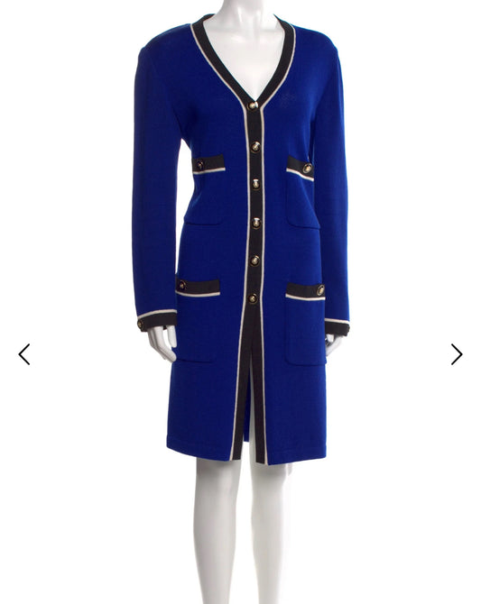 St John Collection Royal Blue Long Jacket medium Duster Coat Cream Trim Pockets