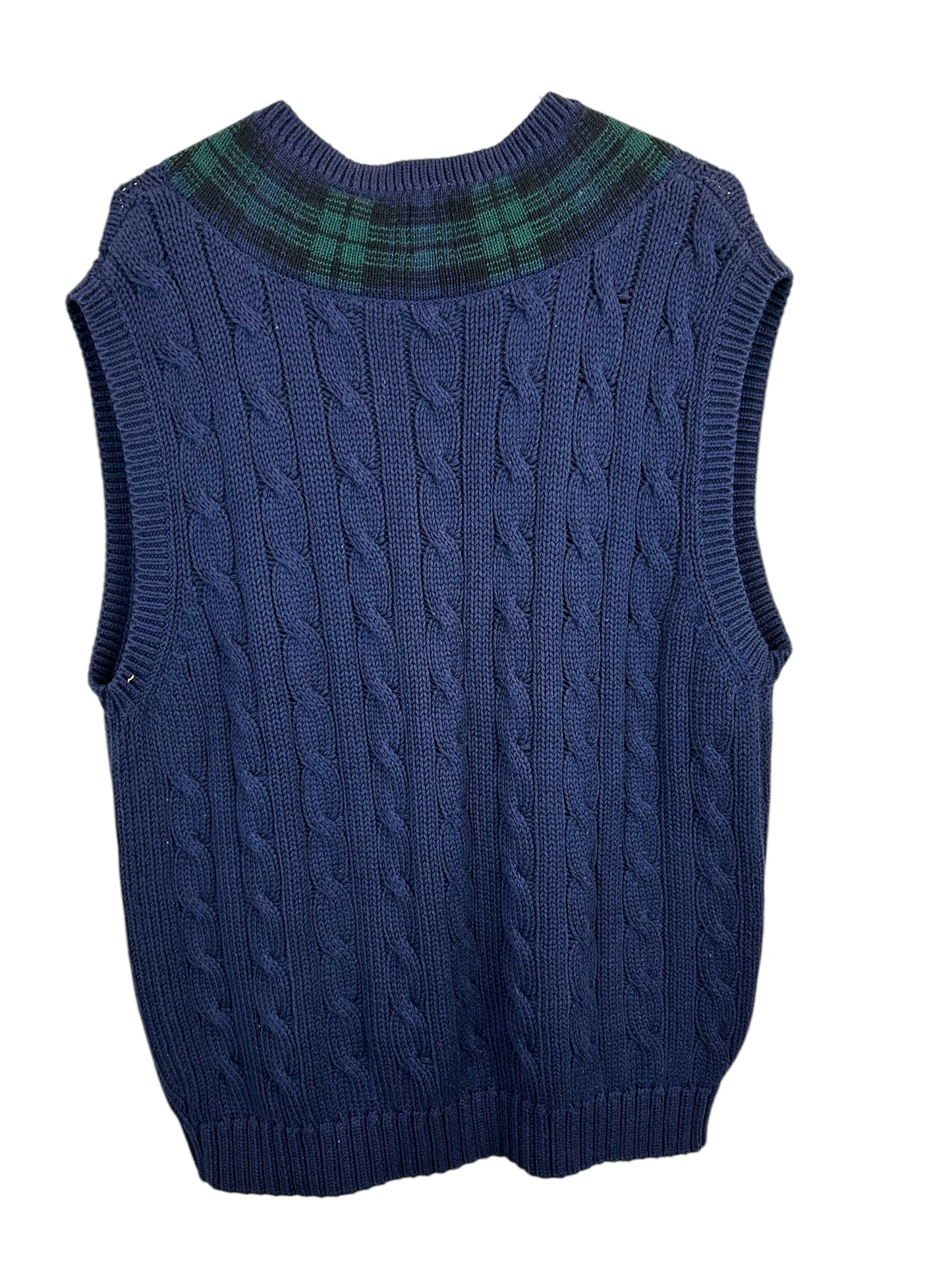 Vintage 1990's Men's Large Gap Cotton Navy Cable Tennis Cricket Sweater Vest with Plaid Insert