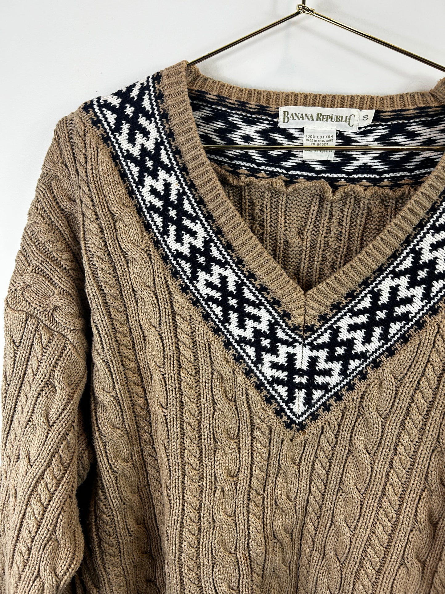 Vintage 90s Banana Republic Cable Knit Sweater SM Brown Pullover V Neck