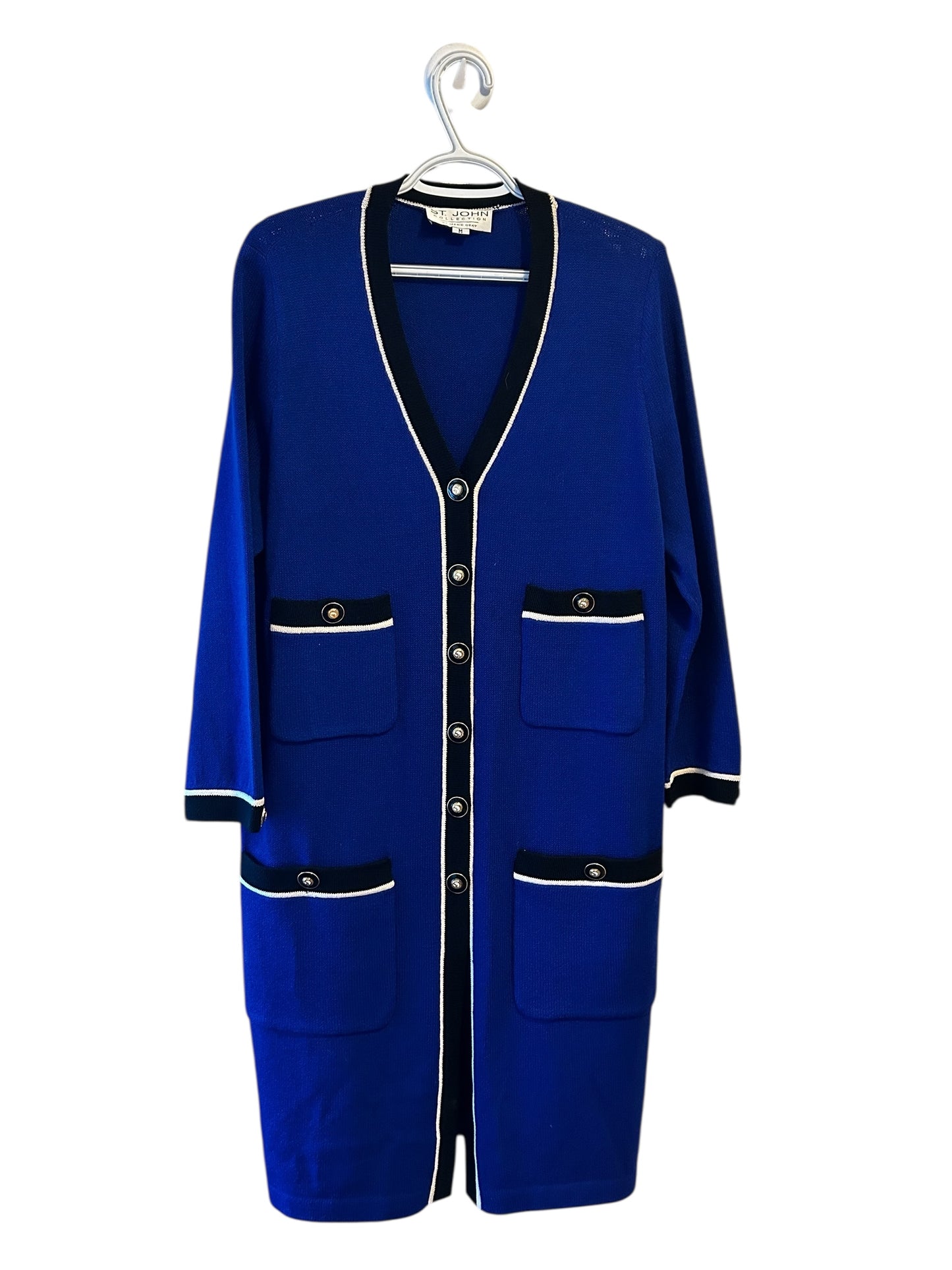St John Collection Royal Blue Long Jacket medium Duster Coat Cream Trim Pockets