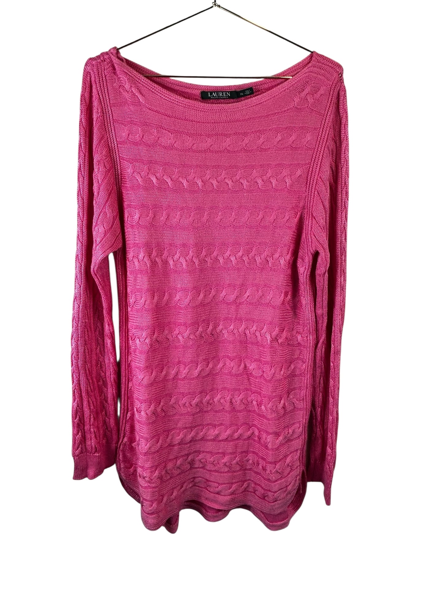 Lauren Ralph Lauren Womens Cable Knit 3/4 Sleeves Pullover Sweater Pink XL