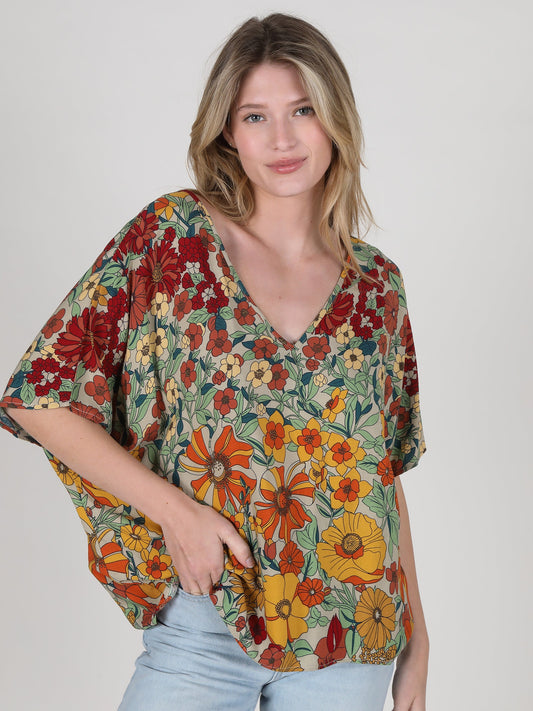 Natural Life Easy V-Neck Top - Gold Vintage Floral Size Small