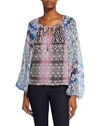 Ramy Brook Kayden mixed-print silk blouse with a drawstring tie neckline