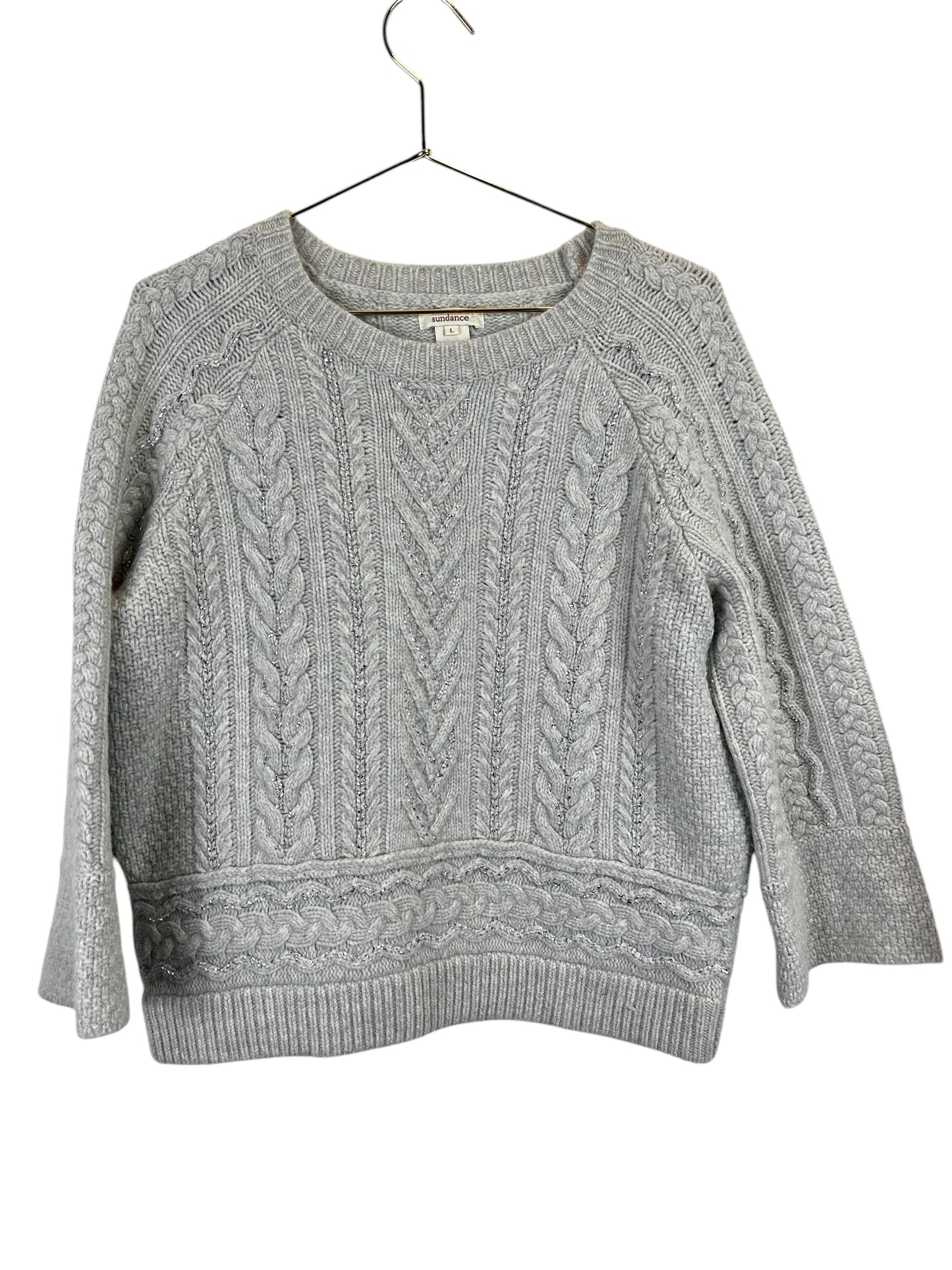 Sundance Touch of Magic Chunky Cable Knit Sweater Lambswool Gray Metallic