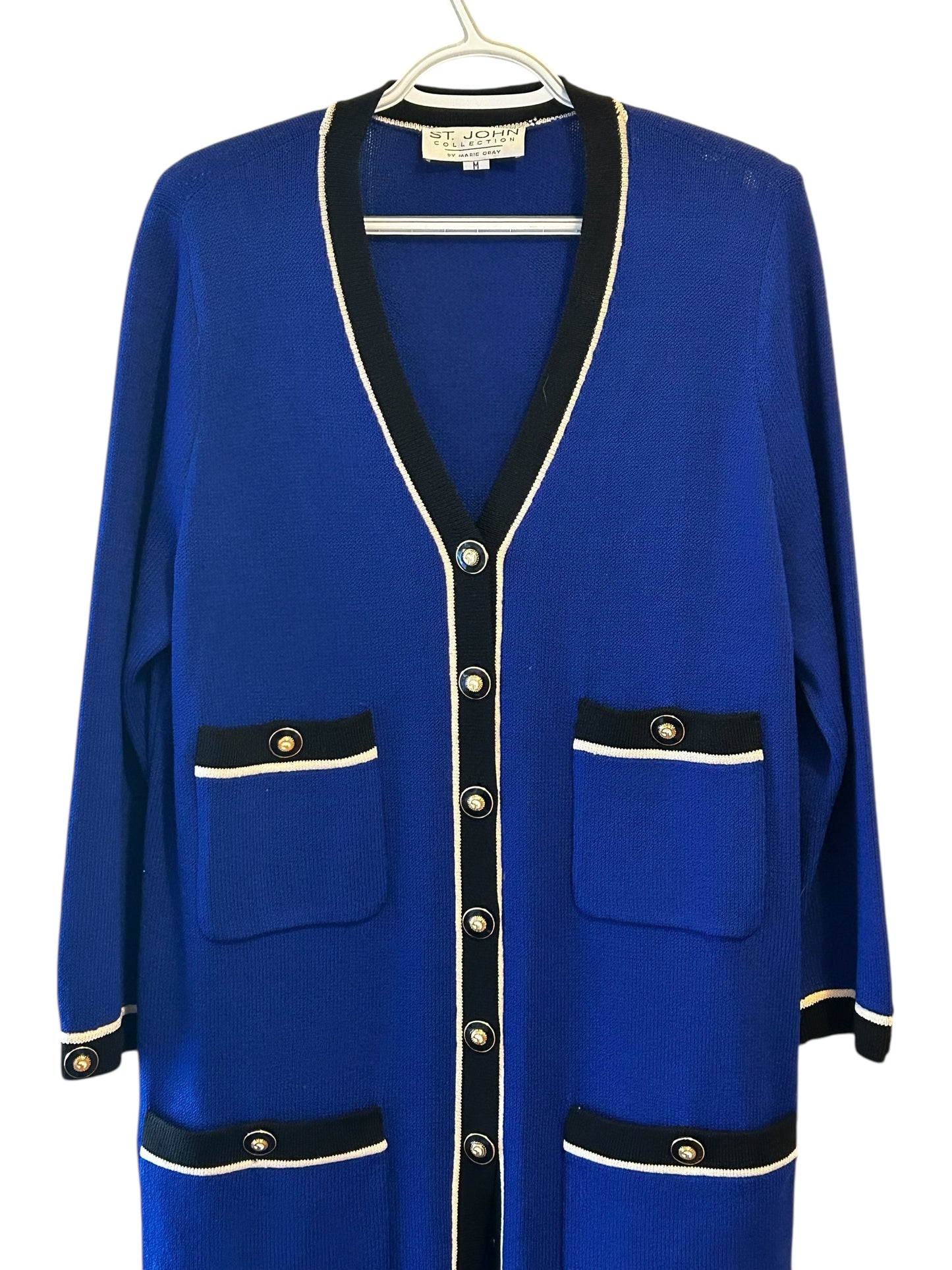 St John Collection Royal Blue Long Jacket medium Duster Coat Cream Trim Pockets