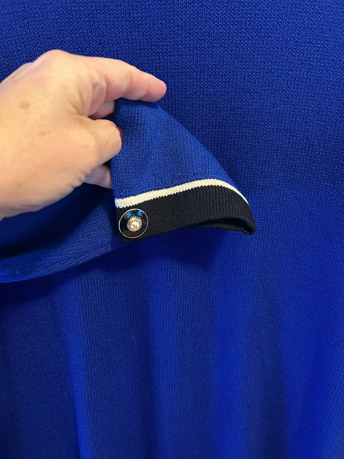 St John Collection Royal Blue Long Jacket medium Duster Coat Cream Trim Pockets