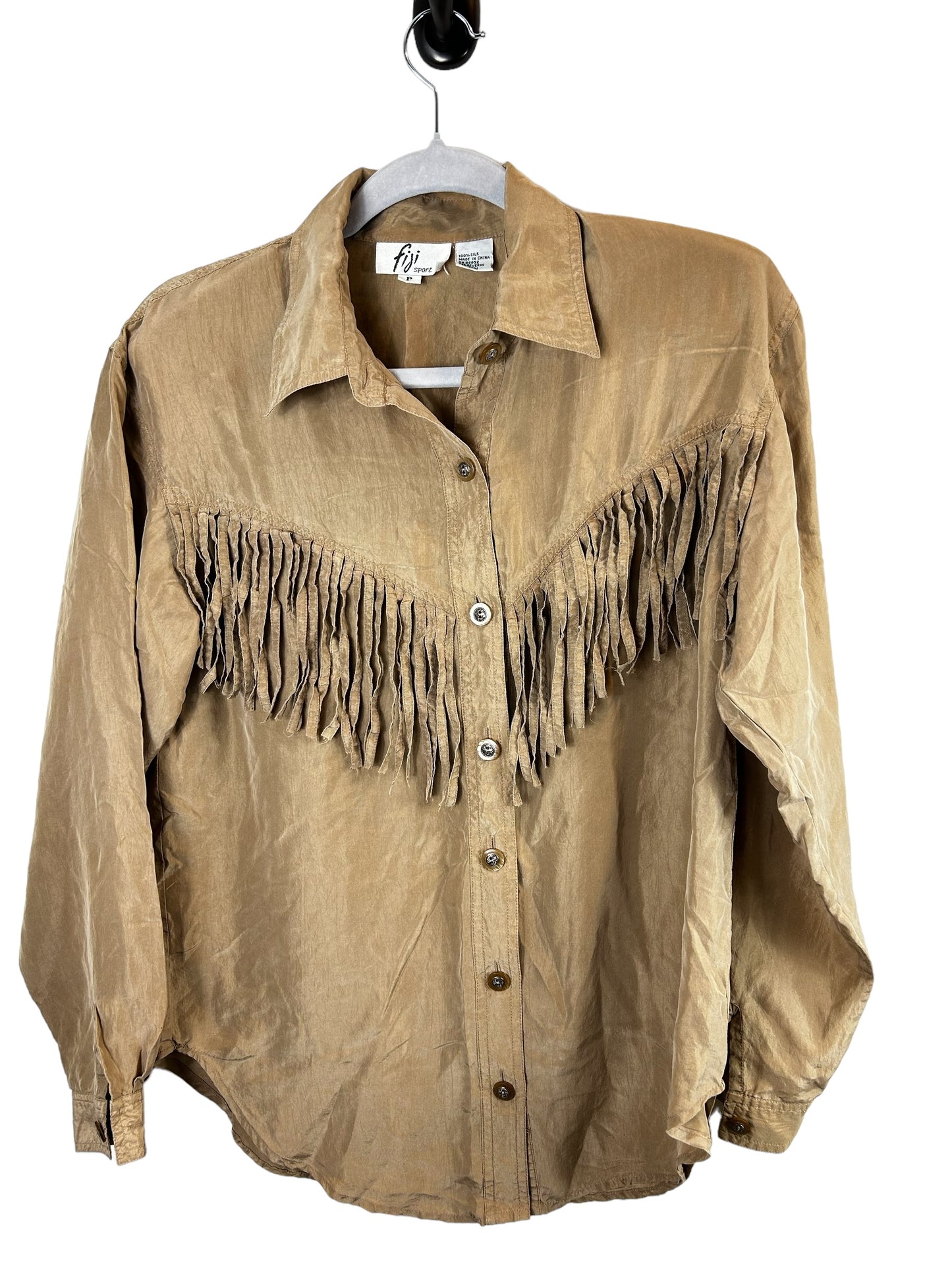 FIJI SPORT 100% Silk Fringe Womens Button Up Tan Shirt Size P