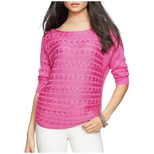Lauren Ralph Lauren Womens Cable Knit 3/4 Sleeves Pullover Sweater Pink XL