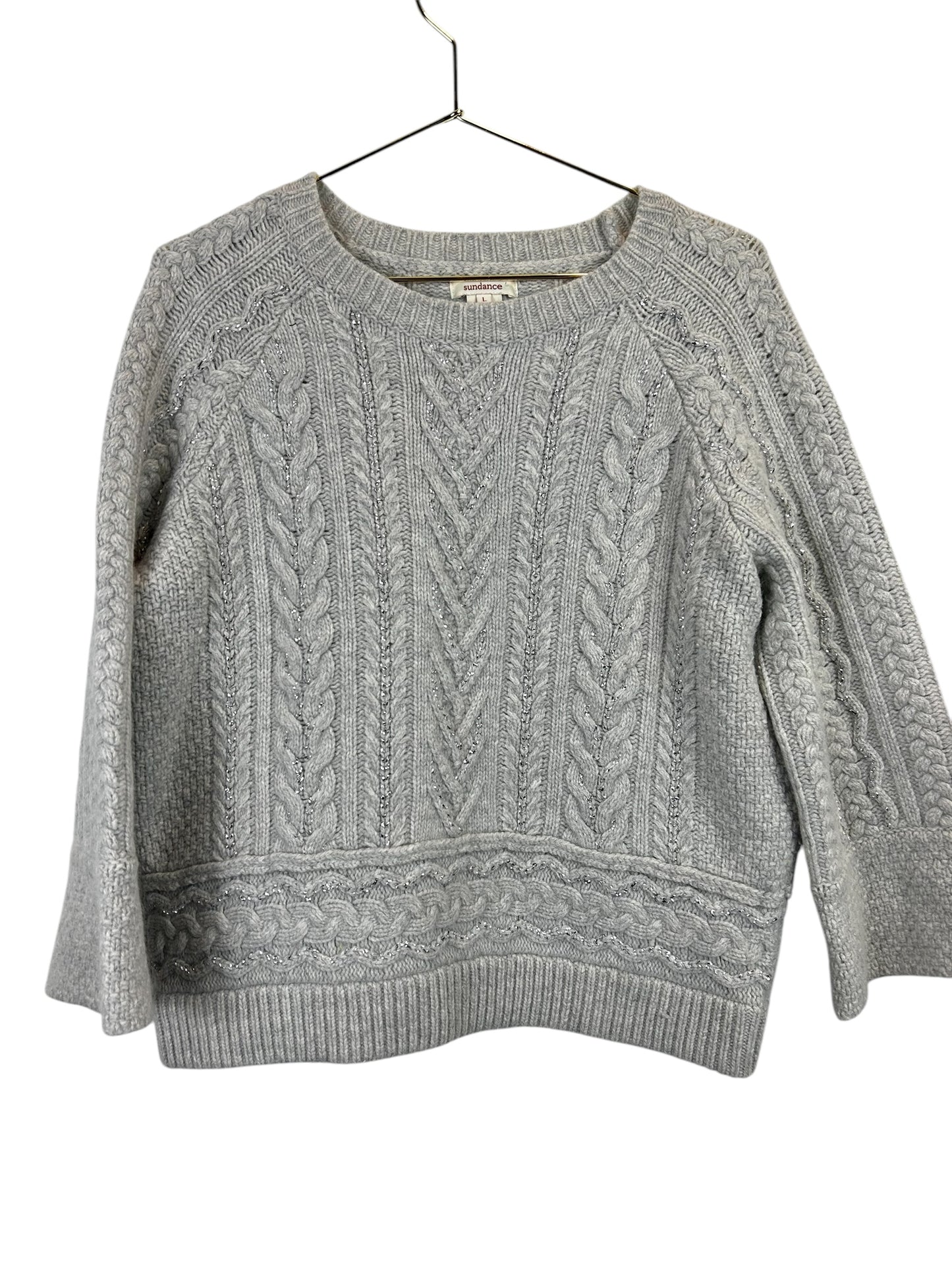 Sundance Touch of Magic Chunky Cable Knit Sweater Lambswool Gray Metallic