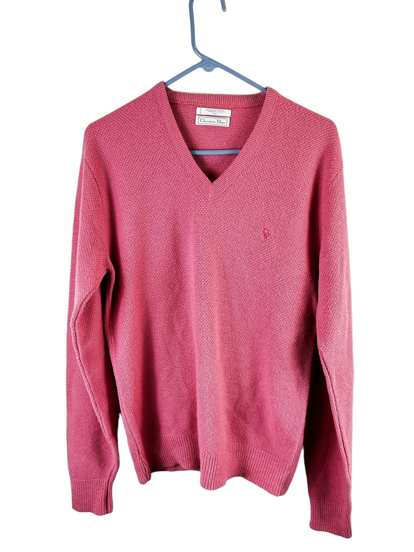 Vintage Christian Dior Sweater Mauve Pink V-Neck Pullover Logo Women's