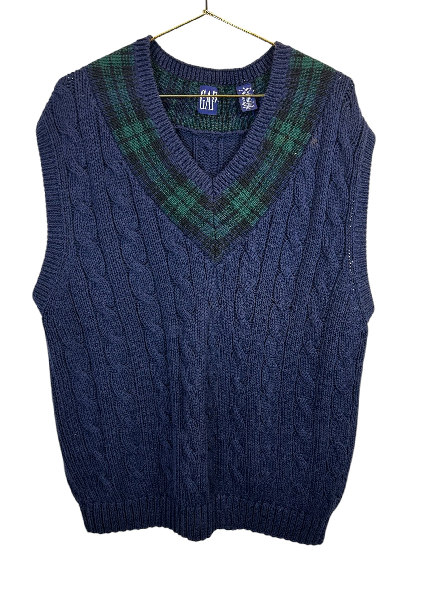 Vintage 1990's Men's Large Gap Cotton Navy Cable Tennis Cricket Sweater Vest with Plaid Insert