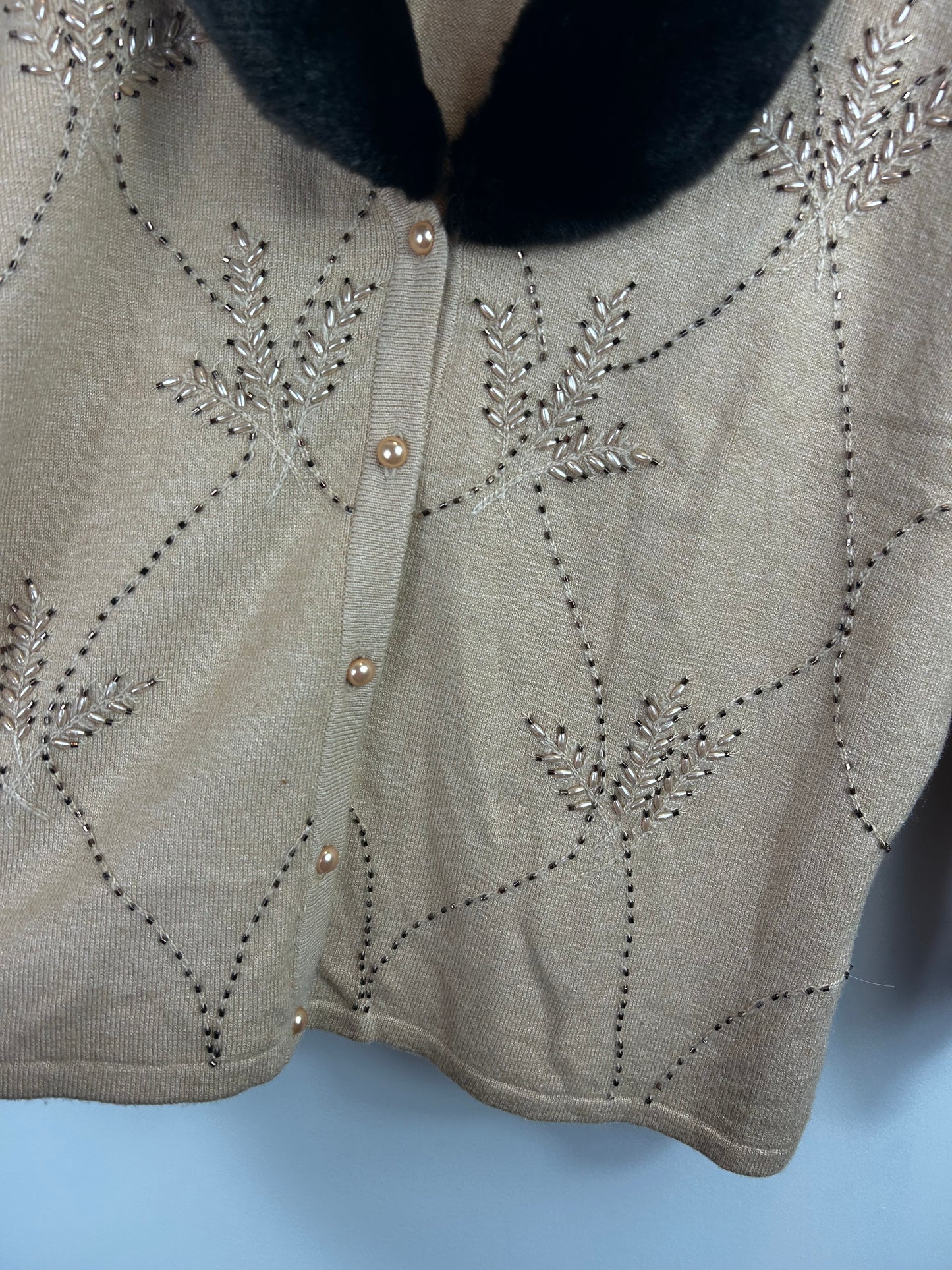 Vintage Cache Womens Faux Fur Collar Cardigan Size large Beige Silk Knit Beaded