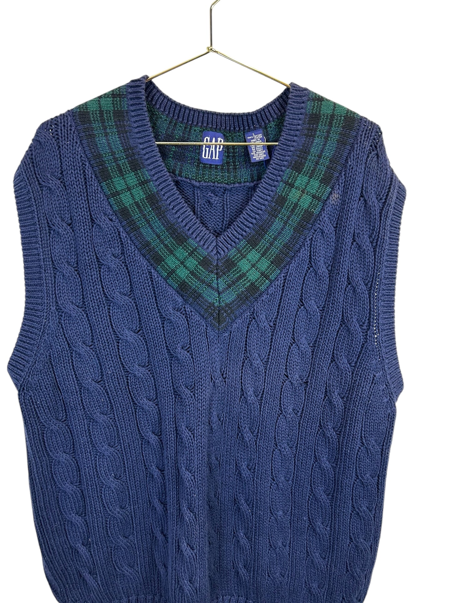 Vintage 1990's Men's Large Gap Cotton Navy Cable Tennis Cricket Sweater Vest with Plaid Insert