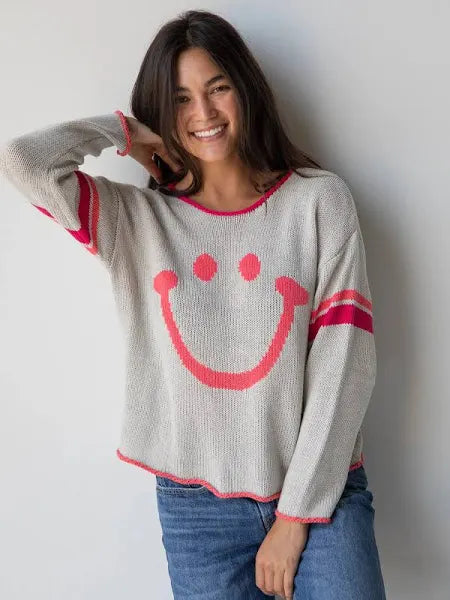 Natural Life Carson Knit Sweater Smiley Graphic Women's L/XL Fall Cute Pullover