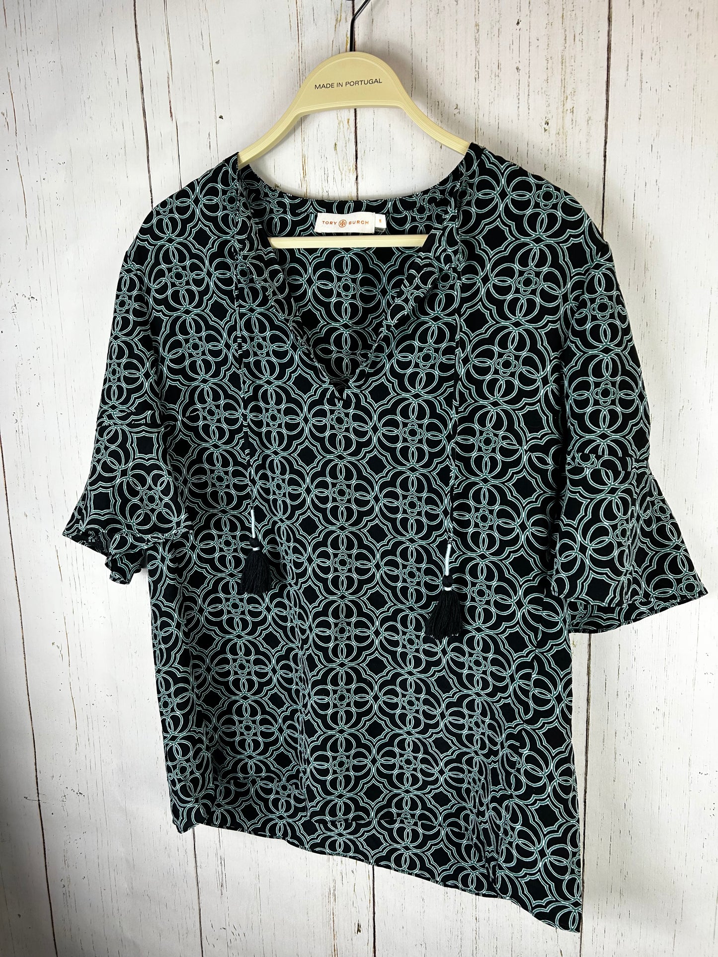 Tory Burch Massey Tunic Split Neck Print Silk Short Sleeve Top Sz 10