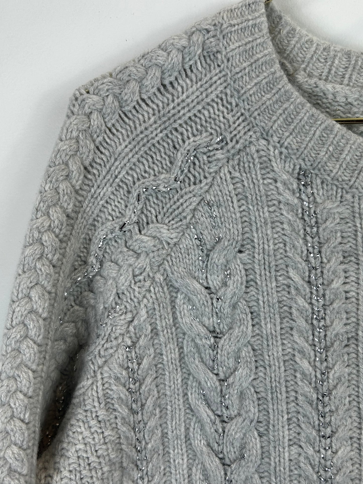 Sundance Touch of Magic Chunky Cable Knit Sweater Lambswool Gray Metallic