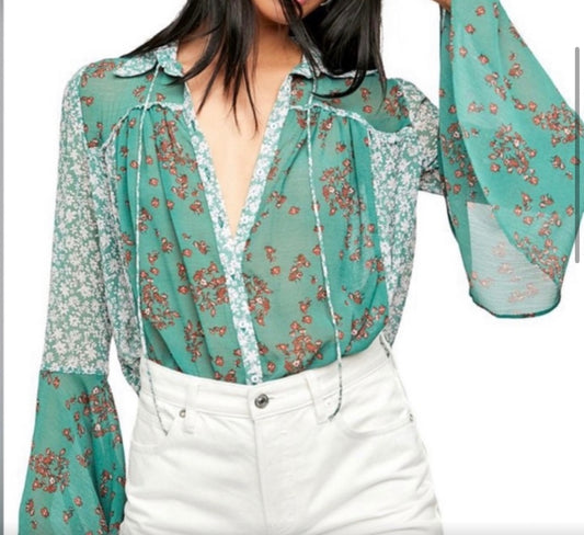 Free People Serena Printed Blouse in Emerald Combo
NWT