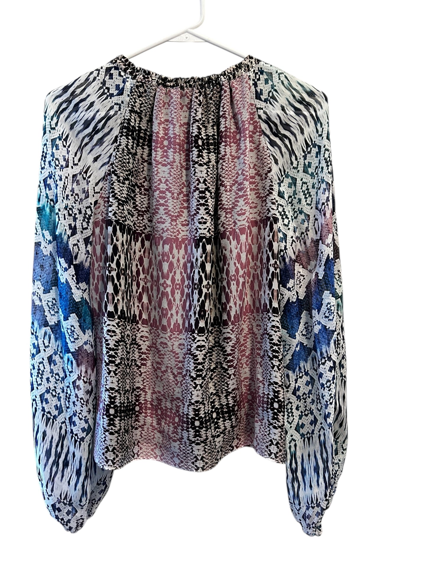 Ramy Brook Kayden mixed-print silk blouse with a drawstring tie neckline