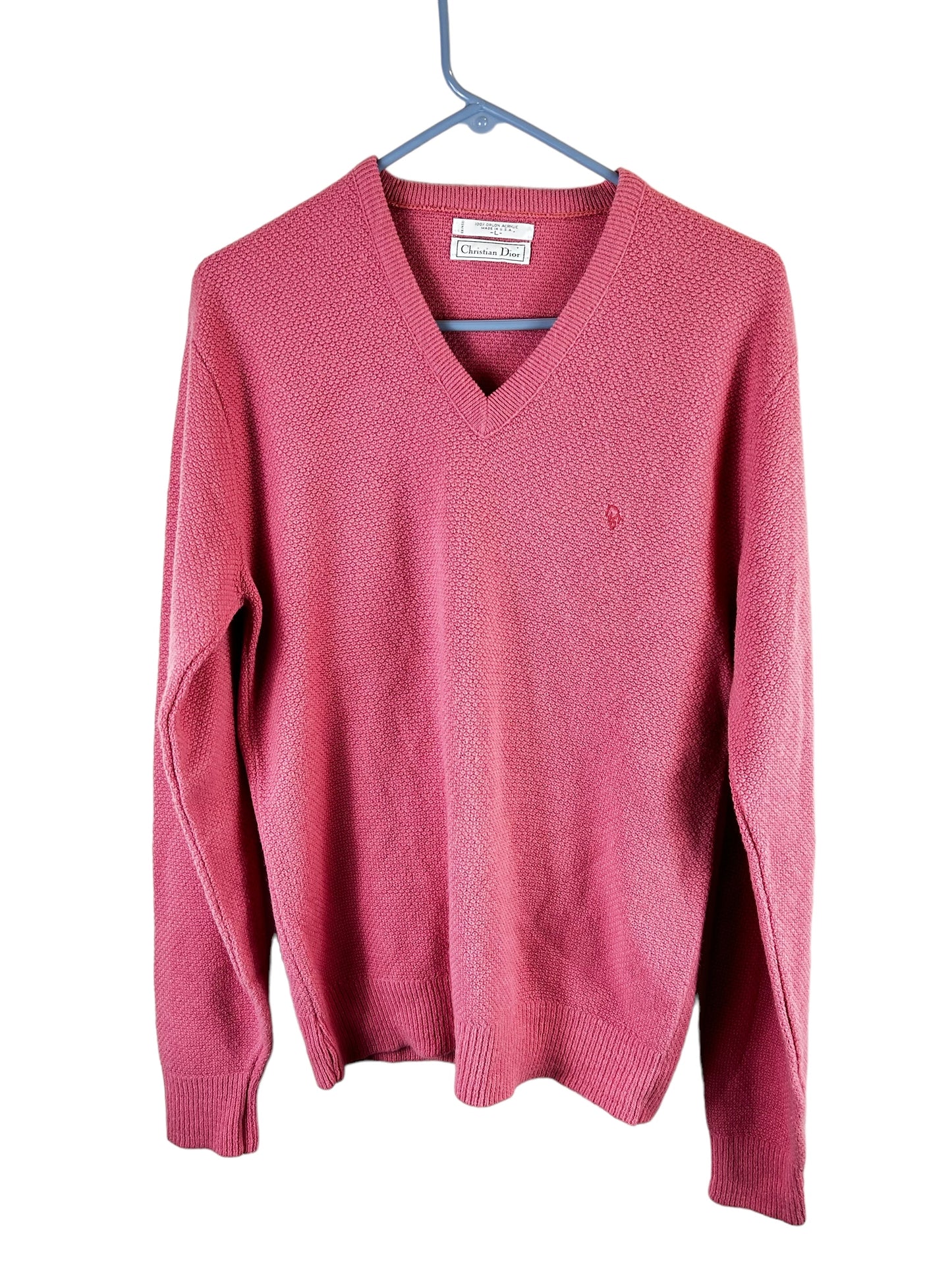 Vintage Christian Dior Sweater Mauve Pink V-Neck Pullover Logo Women's