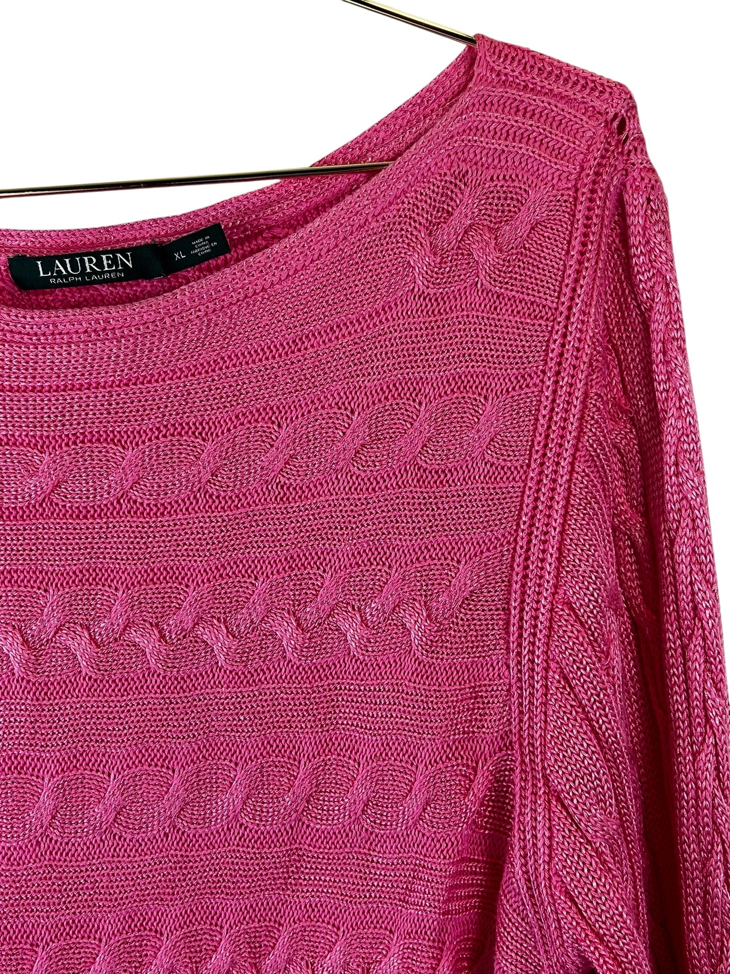 Lauren Ralph Lauren Womens Cable Knit 3/4 Sleeves Pullover Sweater Pink XL