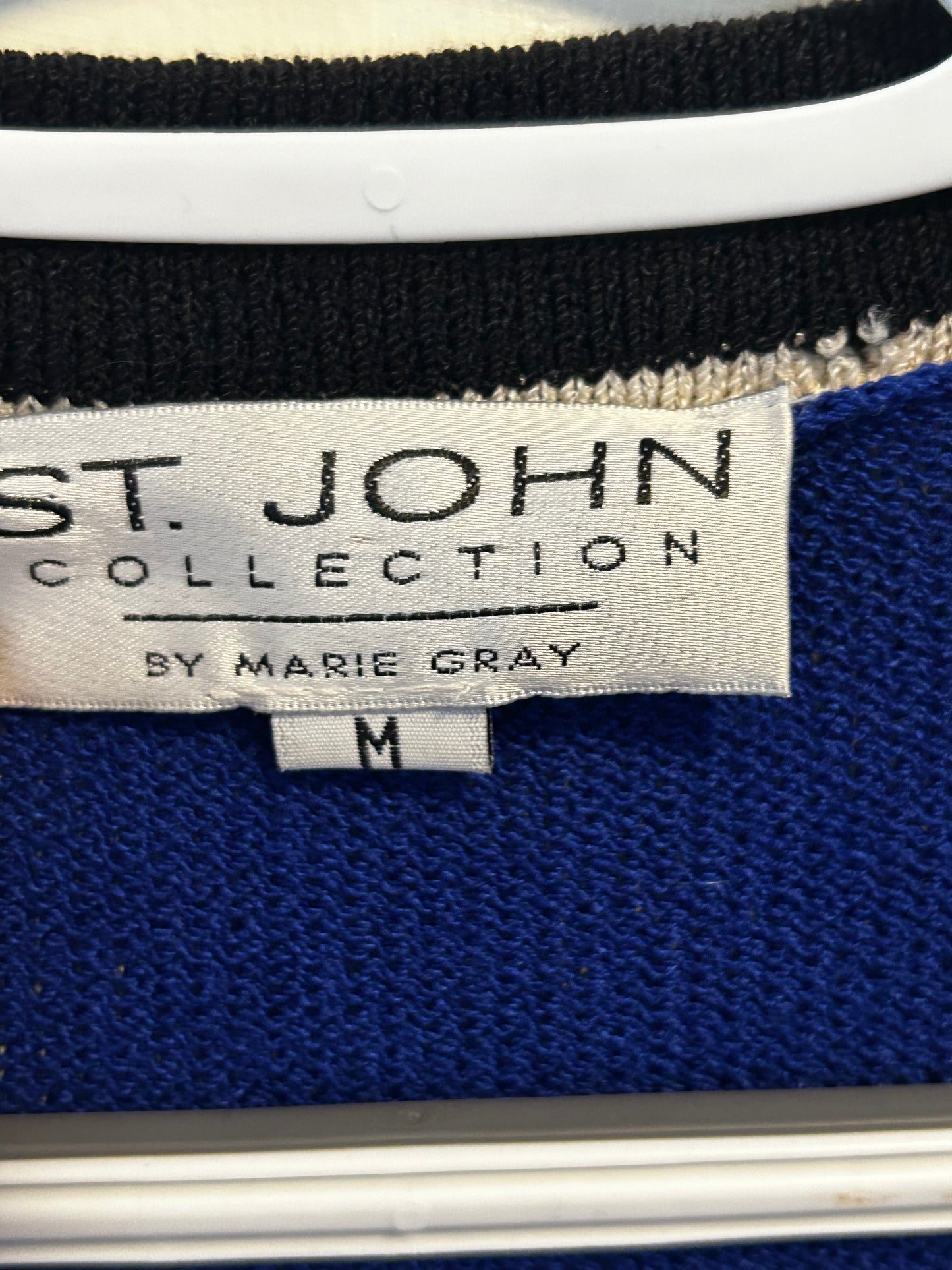 St John Collection Royal Blue Long Jacket medium Duster Coat Cream Trim Pockets